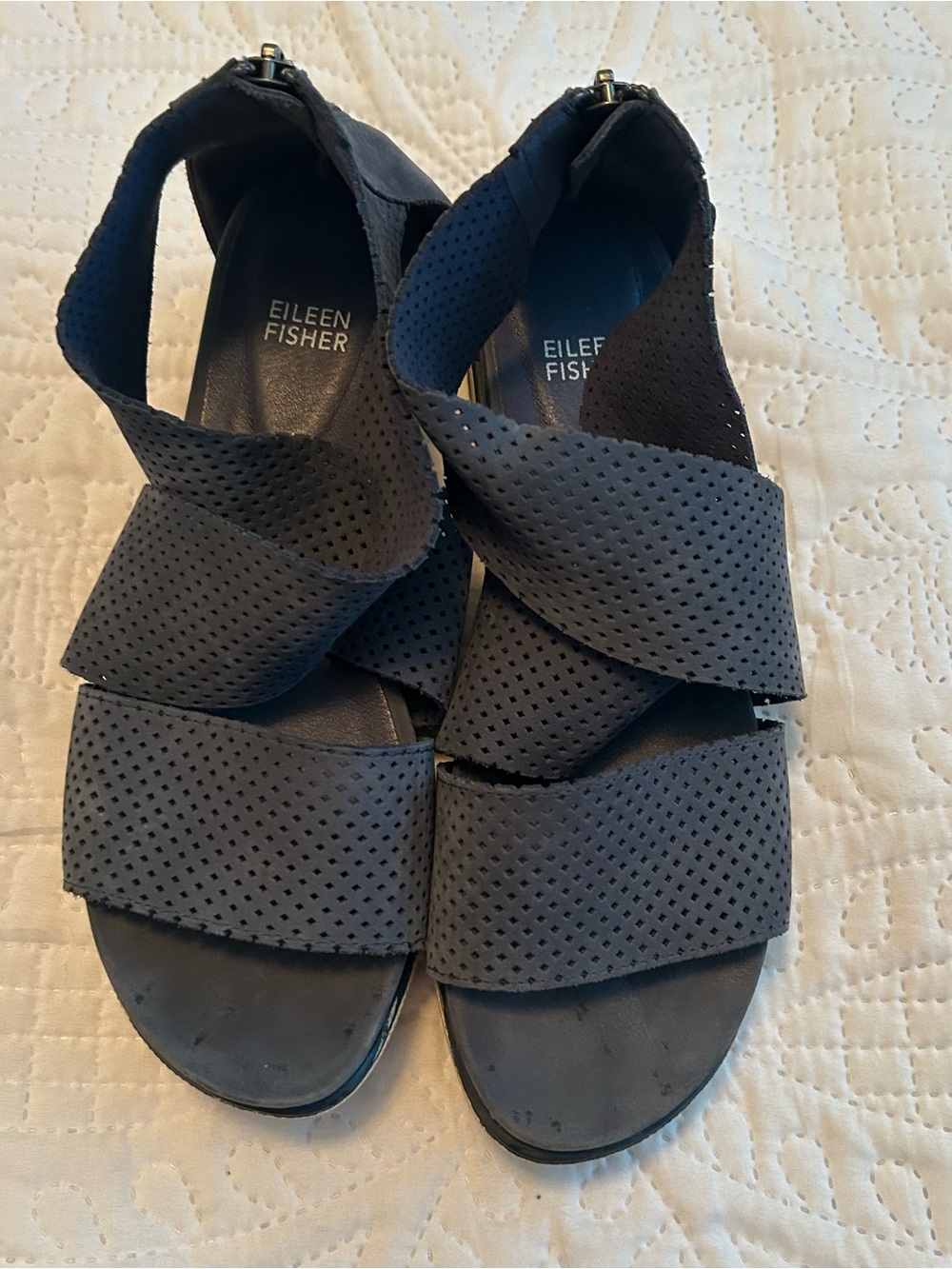 EILEEN FISHER Navy Perforated Crossover Strap Sandals